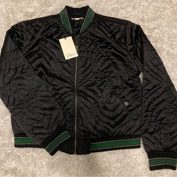 Elan Black Quilted Green & Gold Trimmed Bomber Jacket (BNWT) - Picture 2 of 9